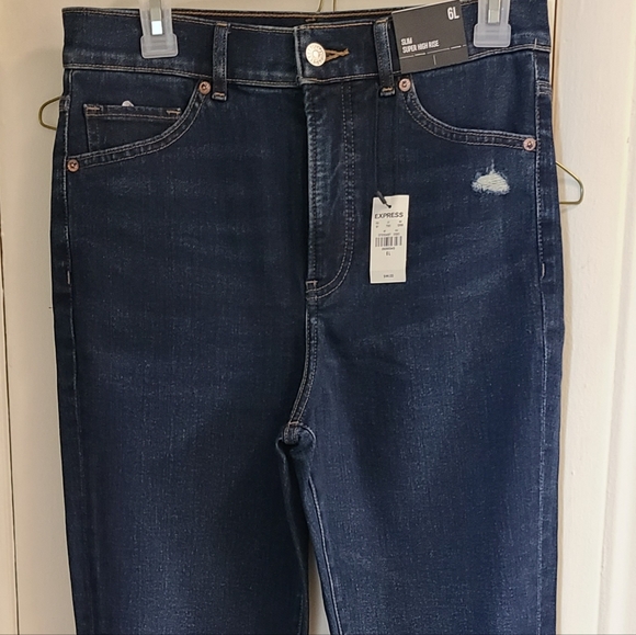 Express Slim Super High Rise Dark Wash Jeans Size 6 Long - Picture 2 of 5